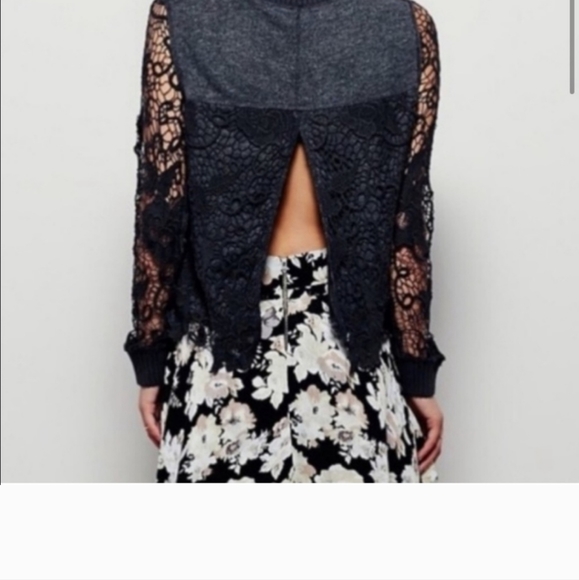 Free People “Pretty Rad” Sweater Gray Lace Crochet Split Back - Picture 3 of 8